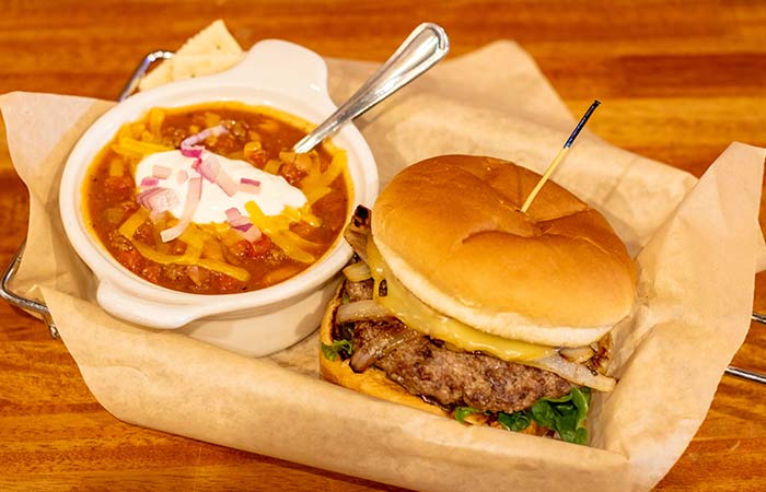 Enjoy a warm cheeseburger with soup at Wurst Bier Hall in West Fargo ND.